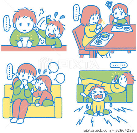 Illustration set of adults who only look at smartphones and do not deal with children 92664259
