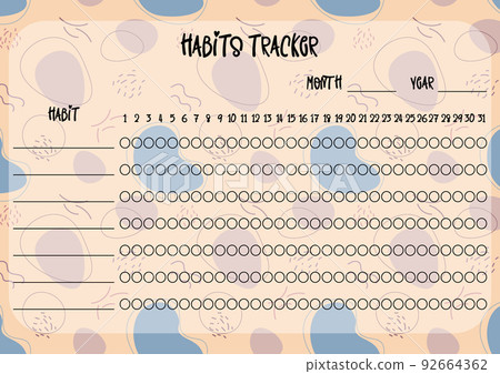 Habits tracker printable template. Blank notebook page horizontal A4. Vector illustration of paper sheet for marking habits success in month Habits tracker printable template. Blank notebook page horizontal A4. Vector illustration of paper sheet for marking habits success in month 92664362