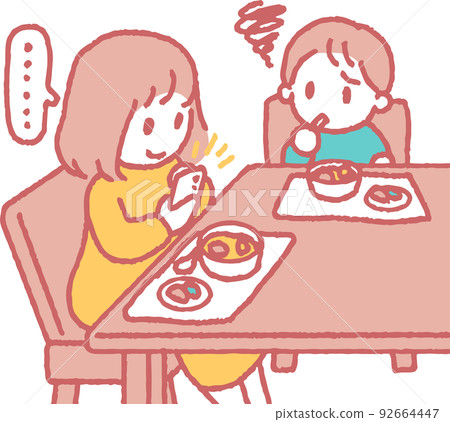 一個成年人和一個不滿的孩子一邊吃東西一邊看智能手機的插圖 92664447