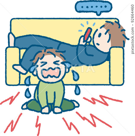 Illustration of a child crying after being left by an adult who only looks at his smartphone Illustration of a child crying after being left by an adult who only looks at his smartphone 92664460