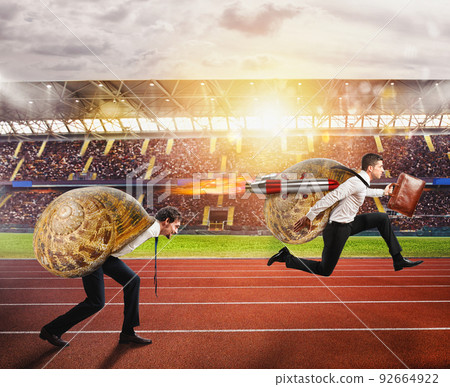Businessman slow like a snail runs fast thanks to rockets 92664922