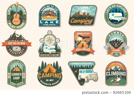 Set of camping badges Logo Patch. Vector illustration. Concept for shirt or logo, print, stamp or tee. Vintage typography design with guitar, man in canoe, lake, compass, camper rv , tent and forest 92665100