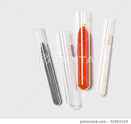 Closeup chemical ingredient on white laboratory table. Zinc Powder, Potassium Ferricyanide and Cetyl Esters Wax in test tube. Closeup chemical ingredient on white laboratory table. Zinc Powder, Potassium Ferricyanide and Cetyl Esters Wax in test tube. 92665324