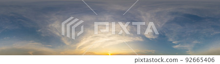 Bright sunset sky panorama with Cirrus clouds. Hdr seamless spherical equirectangular 360 panorama. Sky dome or zenith for 3D visualization, game and sky replacement for aerial drone 360 panoramas. 92665406