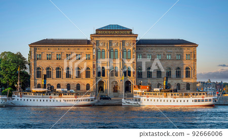 Nationalmuseum, or National Museum of Fine Arts, Peninsula Blasieholmen in central Stockholm, Sweden, at sunset 92666006