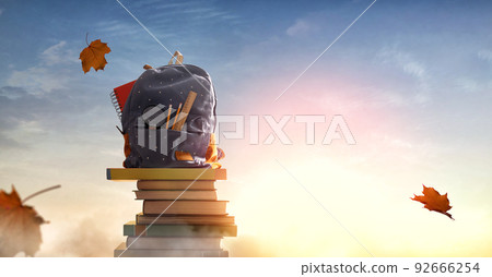 Backpack on background of sunset sky. Backpack on background of sunset sky. 92666254