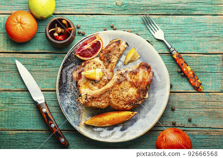 Meat steak fried in fruits, bbq Meat steak fried in fruits, bbq 92666568