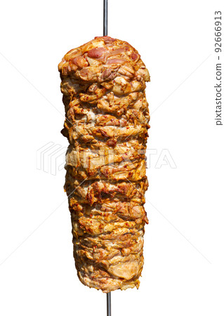 Close up shot of stacked meat roasting 92666913