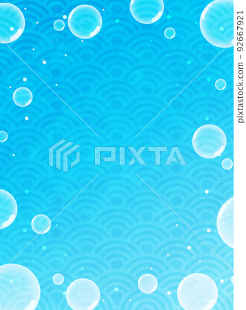 氣泡與青海波浪圖案背景垂直位置水彩風格 92667921