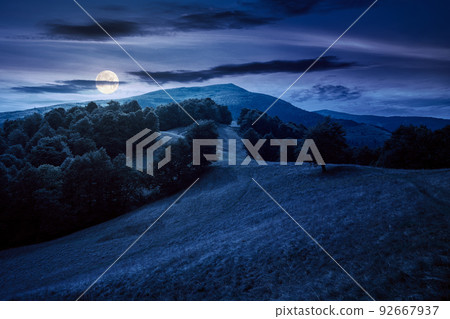 stunning mountain landscape in summer at night. forested hills and grassy meadows in full moon light. view in to the distant valley and ridge beneath a bright blue sky with some clouds stunning mountain landscape in summer at night. forested hills and grassy meadows in full moon light. view in to the distant valley and ridge beneath a bright blue sky with some clouds 92667937