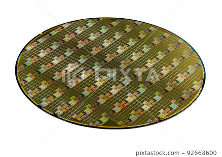 Silicon wafer with microchips used in electronics for the fabrication of integrated circuits. Whole circle isolated on white background. 92668600