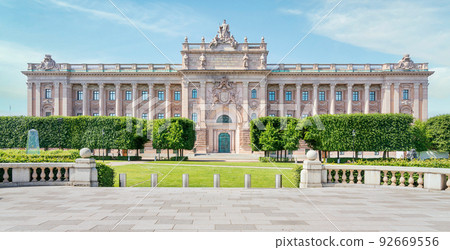 Riksdagshuset, the Swedish Parliament House, located on the island of Helgeandsholmen, Gamla Stan, Stockholm, Sweden Riksdagshuset, the Swedish Parliament House, located on the island of Helgeandsholmen, Gamla Stan, Stockholm, Sweden 92669556