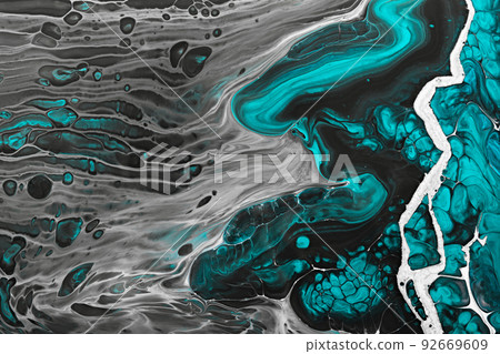 Fluid Art acrylic paints. Abstract mixing gray waves and green bubbles. Liquid flows splashes. Marble effect background or texture Fluid Art acrylic paints. Abstract mixing gray waves and green bubbles. Liquid flows splashes. Marble effect background or texture 92669609