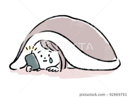 一個女人把自己關在蒲團裡看著智能手機的插圖 92669781