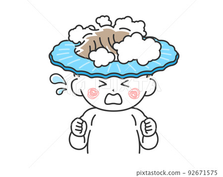 Illustration of a crying child wearing a shampoo hat, washing his hair 92671575