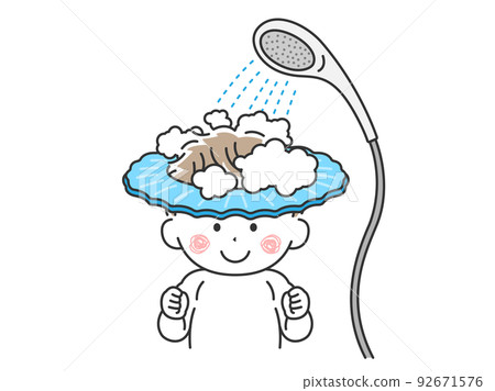 Illustration of a child wearing a shampoo hat and washing his hair in the shower 92671576