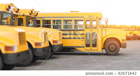 Yellow school buses in a row. Yellow school buses in a row. 92671642