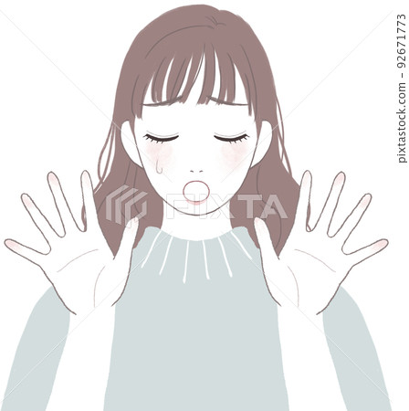 A cute woman with long hair who is in trouble and depressed Pose with open hands ver 92671773