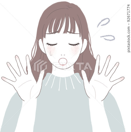 A cute woman with long hair who is in trouble and depressed Pose with open hands ver 92671774
