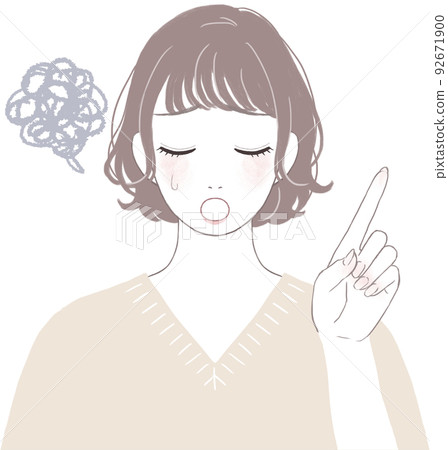 A cute woman with a short cut (perm) pointing in trouble ver 92671900