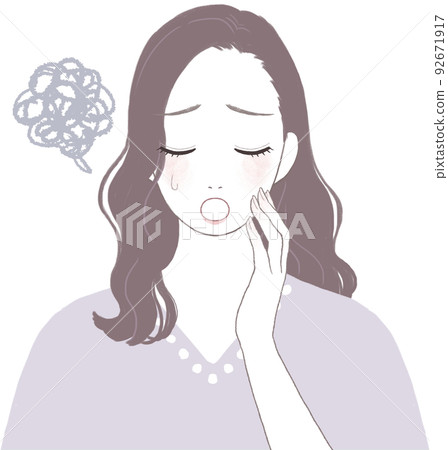 A beautiful woman with long hair (wave) who is in trouble and depressed. 92671917