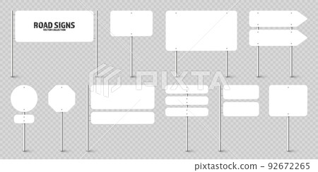 Various road, traffic signs. Highway signboard on a chrome metal pole. Blank white board with place for text. Directional signage and wayfinder. Information sign mockup. Vector illustration 92672265