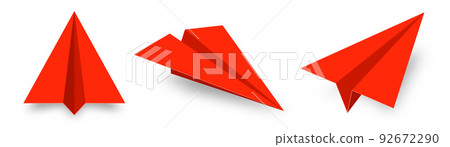 Realistic red paper planes collection. Handmade origami aircraft in flat style. Paper toy for a child. Business concept element, project startup and goal achievement. Vector illustration 92672290