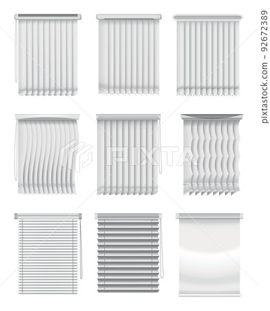 Window blinds. Curtains mockup set. Element room interior. Collection of horizontal and vertical window jalousie. Closed empty jalousie template. Privacy concept Window blinds. Curtains mockup set. Element room interior. Collection of horizontal and vertical window jalousie. Closed empty jalousie template. Privacy concept 92672389