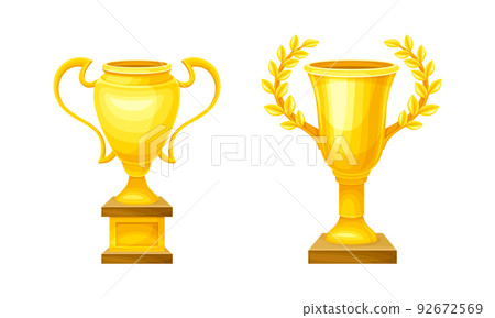 Winner Yellow Cup Award and Trophy on Pedestal for Successful Competition Vector Set 92672569