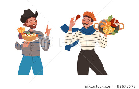Gastronomic Tourism with French and American Man Holding Authentic Served Dish Vector Set Gastronomic Tourism with French and American Man Holding Authentic Served Dish Vector Set 92672575