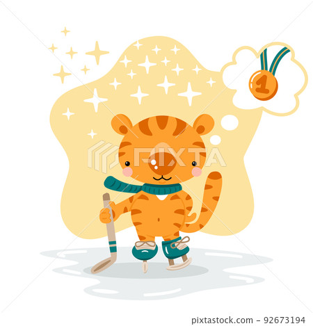 Cute cartoon tiger in skates holding a hockey stick in a paw. Animal character hockey player. Winter illustration for cards, posters. Cute cartoon tiger in skates holding a hockey stick in a paw. Animal character hockey player. Winter illustration for cards, posters. 92673194