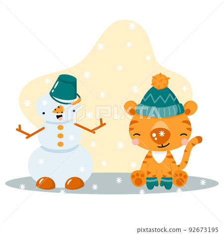 Cute cartoon tiger and funny snowman. Animal character wearing a winter hat and mittens. Winter illustration for cards, posters. 92673195