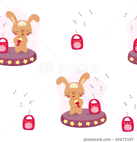 Cute singing rabbit seamless pattern. Funny animal character singing a song. Flat vector illustration in cartoon style for kids design. Cute singing rabbit seamless pattern. Funny animal character singing a song. Flat vector illustration in cartoon style for kids design. 92673197