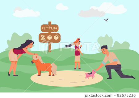 Adopted pets. People taking animals from vet clinics or dog shelter. Happy characters play with horse and pig. Boy feeding parrot. Zoo petting. Nature landscape. Vector cartoon illustration 92673236
