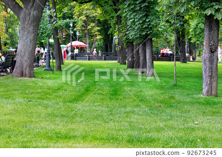 Green manicured lawn on a blurred background of a city park and people resting. 92673245