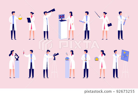 Lab scientists in coats. People in science laboratory. Biologist and doctor with scientific equipment. Woman and man characters. Chemists holding test tubes. Vector illustration set Lab scientists in coats. People in science laboratory. Biologist and doctor with scientific equipment. Woman and man characters. Chemists holding test tubes. Vector illustration set 92673255