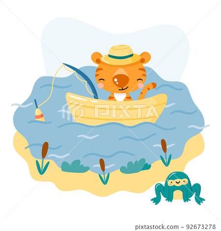 Cute cartoon fishing tiger sailing in boat and funny frog sitting by the lake. Animal character for kids. Summer Illustration for cards, posters. Cute cartoon fishing tiger sailing in boat and funny frog sitting by the lake. Animal character for kids. Summer Illustration for cards, posters. 92673278