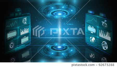 Futuristic hud background. Sci fi circle and cyber digital elements with fantasy frame portal and future data. Virtual grid surface. UI frame, cyberspace interface. Vector game illustration Futuristic hud background. Sci fi circle and cyber digital elements with fantasy frame portal and future data. Virtual grid surface. UI frame, cyberspace interface. Vector game illustration 92673288