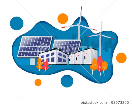 Electric power. Sustainable energy sources. Green solar panel. Electricity generation station. Modern plant. Windmill circle turbine. Ecology building. Battery charger. Vector background 92673290