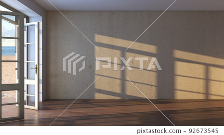 Empty Hotel Room with Open Doors Overlooking the Beach, Yellow Sand and Clouds. Sea View Interior with Dark Parquet and Sun Rays Falling on the Beige Stucco wall . 3D Rendering, Ultra HD 8K, 7680x4320 Empty Hotel Room with Open Doors Overlooking the Beach, Yellow Sand and Clouds. Sea View Interior with Dark Parquet and Sun Rays Falling on the Beige Stucco wall . 3D Rendering, Ultra HD 8K, 7680x4320 92673545