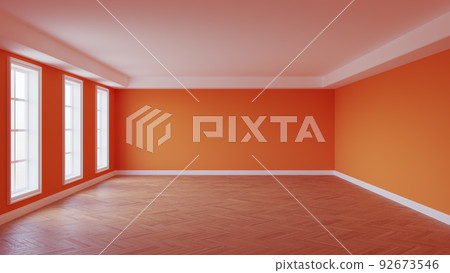 Beautiful Empty Room with Bright Orange Walls, White Ceiling and Cornice, Three Large Windows, Glossy Herringbone Parquet Flooring and a White Plinth. Interior Concept. 3d rendering. Ultra HD 8K Beautiful Empty Room with Bright Orange Walls, White Ceiling and Cornice, Three Large Windows, Glossy Herringbone Parquet Flooring and a White Plinth. Interior Concept. 3d rendering. Ultra HD 8K 92673546