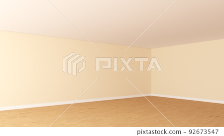 Empty Interior Corner with LIght Beige Walls, White Ceiling, Light Parquet Flooring and a White Plinth. Unfurnished Empty Room Concept. Perspective View. 3D rendering, Ultra HD 8K, 7680x4320, 300 dpi 92673547