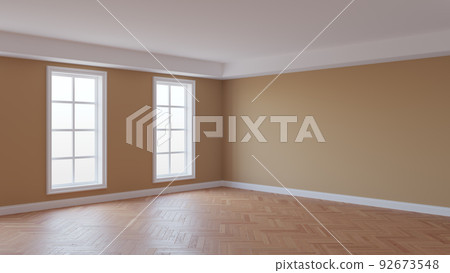 Beautiful Room Corner with Beige Walls, White Ceiling and Cornice, Glossy Herringbone Parquet Flooring, Two Large Windows and a White Plinth. Unfurnished Interior Concept. 3d rendering. Ultra HD 8K Beautiful Room Corner with Beige Walls, White Ceiling and Cornice, Glossy Herringbone Parquet Flooring, Two Large Windows and a White Plinth. Unfurnished Interior Concept. 3d rendering. Ultra HD 8K 92673548