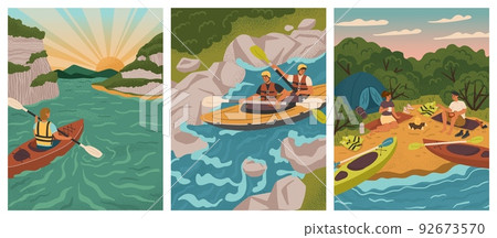 People on kayak rowing down to river. Water adventure sport vector posters set. Man and woman rafting, kayaking, canoeing, holding paddles. Camp with tent on lake beach People on kayak rowing down to river. Water adventure sport vector posters set. Man and woman rafting, kayaking, canoeing, holding paddles. Camp with tent on lake beach 92673570
