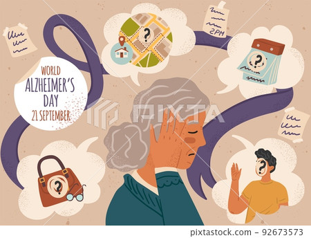 Old woman suffering from memory loss. World Alzheimer day vector poster. Senior people with dementia or Alzheimer disease Old woman suffering from memory loss. World Alzheimer day vector poster. Senior people with dementia or Alzheimer disease 92673573