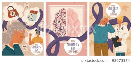 World Alzheimer day vector posters set. Old woman suffering from memory loss. Senior people with dementia or Alzheimer disease. Doctor helps old man with brain problems World Alzheimer day vector posters set. Old woman suffering from memory loss. Senior people with dementia or Alzheimer disease. Doctor helps old man with brain problems 92673574