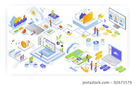 Blog content writing, cloud storage file transfer, edit, smart photo album, flat vector isometric illustration. 92673579