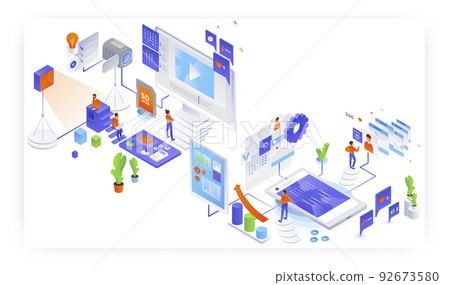 Social media coordination, video content production, vector isometric illustration. Social media campaign. 92673580