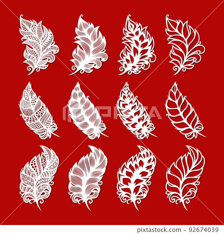 Set of decorative stylized feathers, leaves, quill. Openwork ornament of curls, beautiful folk motives, ethnic patterns. Template for plotter laser cutting of paper, metal engraving, wood carving, cnc Set of decorative stylized feathers, leaves, quill. Openwork ornament of curls, beautiful folk motives, ethnic patterns. Template for plotter laser cutting of paper, metal engraving, wood carving, cnc 92674039