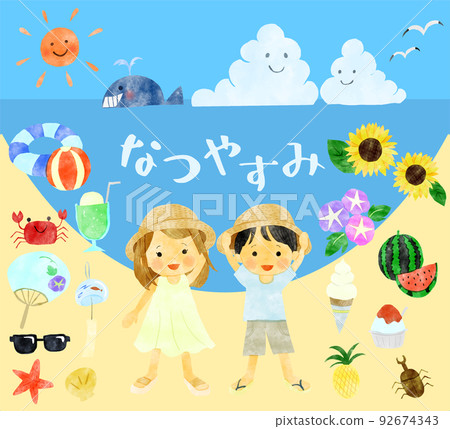 Summer vacation handwritten style children's illustration set 92674343